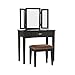 Benjara Kosmetik-Set aus Holz mit dreiseitigem Spiegel und gepolstertem Hocker, Schwarz