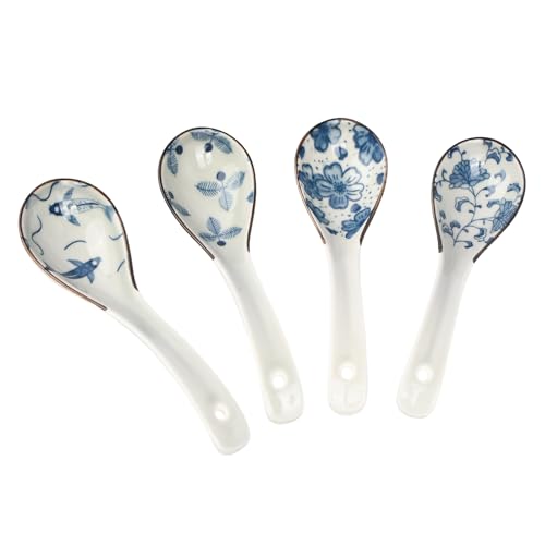 Asiatische Suppenlöffel, 4 Stück Keramik Chinesische Suppenlöffel, Japanische Und Koreanische Langen Gebogener Griff Ramen Reislöffel Spoon Für...