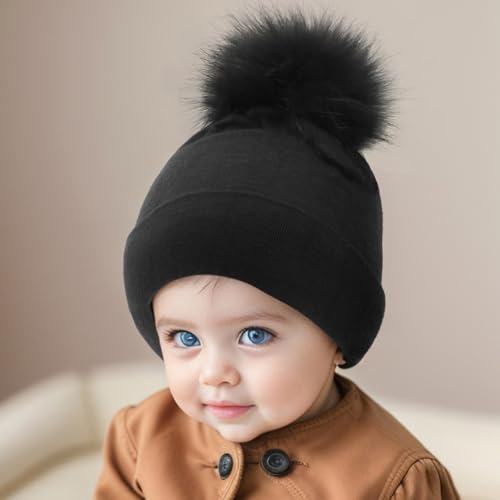 Kids Winter Hat Toddler Knitted Pom Beanie Hat Cotton Lined with Pom Pom Cap Baby Girls Boys Beanies 5