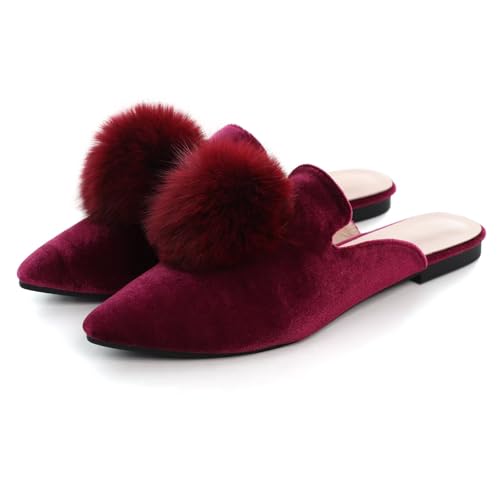 ChaiRong Zhou Women Cute Plush Ball Mule Slippers Pointy Toe Loafers Non-Slip Sole Indoor Outdoor Shoes4