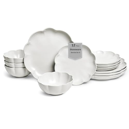 Sango 12 Pieces Scalloped Dinnerware Set, Modern White Dishes for 4, Premium Serving Plates & Bowls Sets, Chip & Scratch Resistant, Ceramic Dishware, Kitchen Dish, Microwave & Dishwasher Safe, Bethany