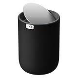 EKO Fandy Mini Tischmülleimer mit Schwingdeckel, 2,2 L Kosmetikeimer, Schreibtisch-Mülleimer für Badezimmer, Arbeitsplatte, Schminktisch oder Büro, kleiner Abfalleimer mit Edelstahl-Sockel, Schwarz