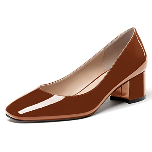 WAYDERNS Women's Slip On Square Toe Block Patent Chunky Low Heel Pumps Shoes 2 Inch