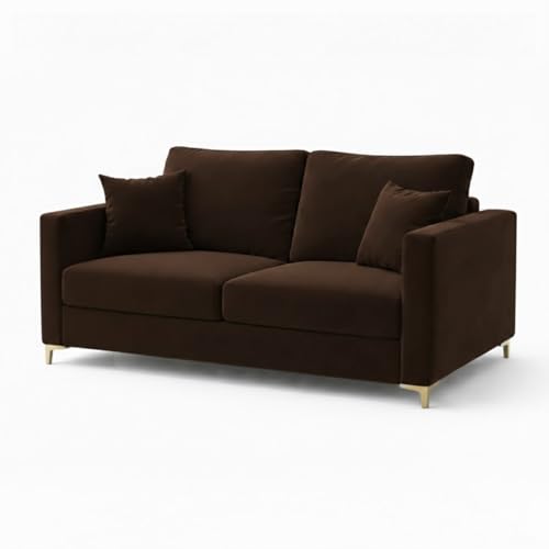 Image of Hayes Rich Velvet Suede 3 Seater + 2 Seater Sofa Set with Ottoman | Golden Aesthetic Legs | 6 Person Seating Capacity | Spacious Soft Touch Comfort | Modern Living Room Sofa (Dark Brown)