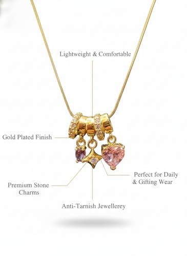 Image of Anti Tarnish Pendant Necklace for Women | Gold Plated Multi Stone Locket| 3 Stone Heart Charm Necklace