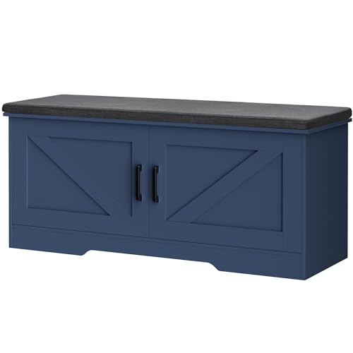 Image of HOMSHO Farmhouse Shoe Storage Bench with 2 Barn Doors & Padded Seat Cushion | 39.4 inch Wide Entryway Bench with Adjustable Shelves & Hidden Storage, Blue