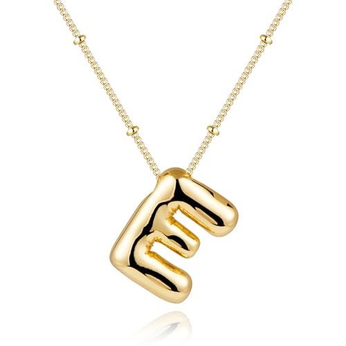 Inerney Gold Bubble Letter Necklace Initial Necklaces for Women, Chunky 14K Plated Balloon Initials, Trendy Charm Non Tarnish Custom Name E Pendant Jewelry Gifts for Mom