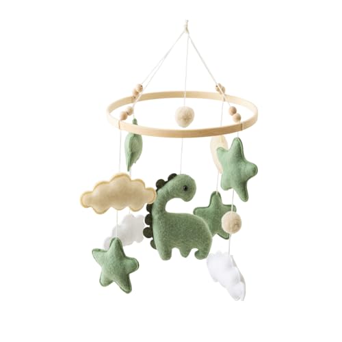 Image of Soft Green Dinosaur Theme Baby Mobile for Crib, Simple Crib Bell for Boys and Girls,Handmade Felt Clouds Nursery Ceiling Decoration,Easy to Install Cotton Animal Charms for Bassinet