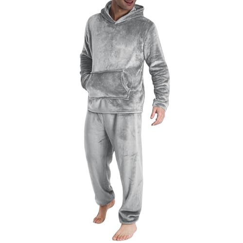 Thatrich Mens Pajamas Set Fuzzy 2 Piece Lounge Set Thermal Outfit Fleece Sherpa Loungewear Hoodies with Pockets Casual Pants