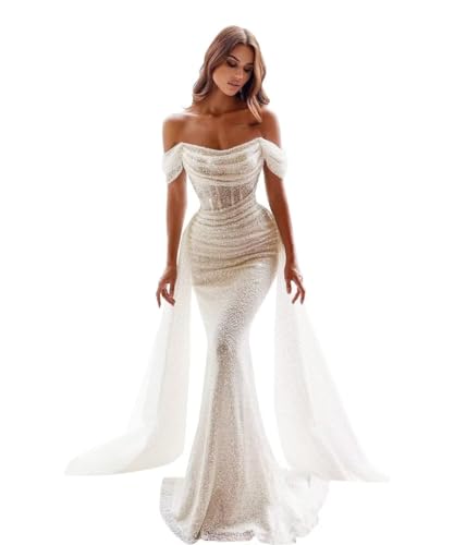 Generisch Glitzernde Meerjungfrau Ballkleider FüR Frauen Pailletten Schulterfrei Abnehmbare Schleppe Formelle Abendkleider Langes Nachlaufendes Ballkleid Ivory XS