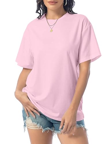 DUOEASE Tshirt Damen Casual Rundhals Kurzarm Top Damen Sommer Basic Oversize T Shirt Elegant Leicht Oberteile (Rosa 2XL)