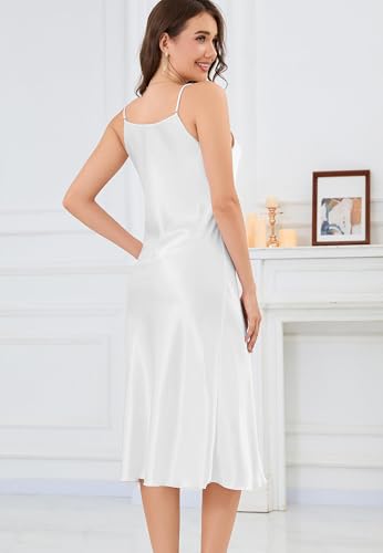 Image of ALCEA ROSEA Women's Midi Satin Slip Dress Adjustable Spaghetti Strap Nightgown Silky Under Dresses