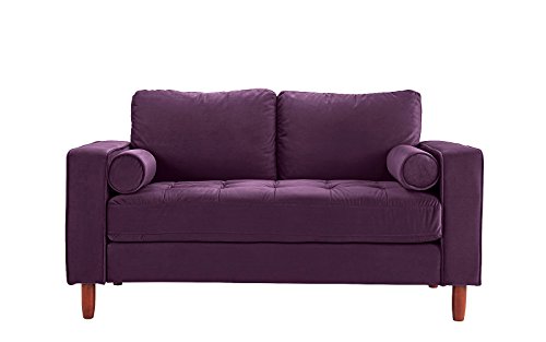 Divano Roma Furniture Couch for Living Room, Tufted Velvet Fabric Sofa with Back Cushions, Tufted Bottom and 2 Extra Cushions (Purple)