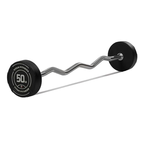 Titan Fitness 50 LB Rubber EZ Curl Fixed Barbell, Pre-Loaded Weight Bar for Strength Training & Weightlifting