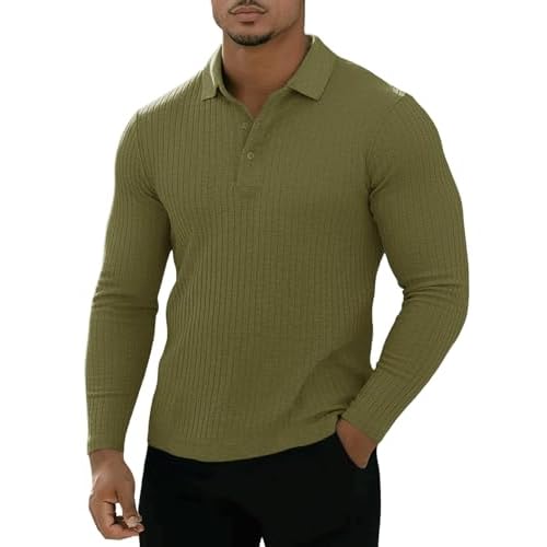 Muscle Cmdr Men's Cotton Long Sleeve Muscle T Shirts Slim Fit Business Casual Tee Short Sleeve Ribbed Polo V Neck Small Green/Long