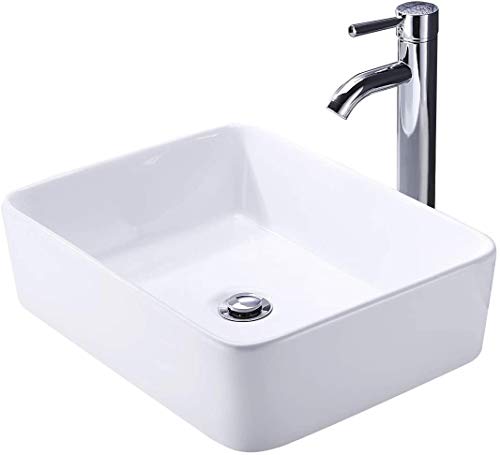 Limited Discount KES Bathroom Vessel Sink with Faucet and Drain Combo Bathroom Counter Top Sink Rectangular White Ceramic Porcelain Vanity Bowl Farmhouse Sink Chrome Faucet, BVS110-C1