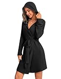 Ekouaer Robes for Women Waffle Knit Hooded Bathrobe Soft Lightweight Robe Knee Length Loungewear with Pockets Black,Large
