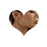 Kenjudess Anillo de nariz sexy con cuentas de perlas con cadena a oreja, anillo de aro para tabique no perforado, accesorios de nariz para mujeres y niñas (cuentas doradas)