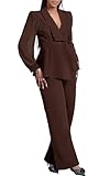 Annystore Women Suits 2 Piece Set Plus Size Sheer Puff Sleeve Ruffle Peplum Blazer Jackets Wide Leg Pant Suit Dressy Elegant Evening Wedding Guest Outfit Brown XL