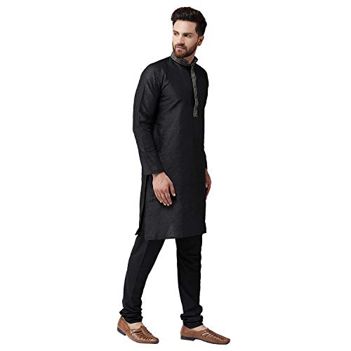 Image of SOJANYA (Since 1958 Mens Maroon Jacquard Silk Kurta and Black Churidaar Pyjama Set