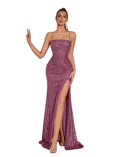 ADYCE Elegant Evening Dress Women Party Long Formal Dress Sequined Strap Ladies Gown Bodycon Floor Length Female Outfits (US, Alpha, Medium, Regular, Regular, Dark Pink)
