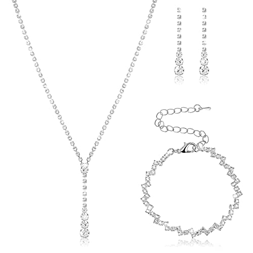 Herdear Juego de Joyas de Boda con Collar de Diamantes de Imitación para Novia Pendientes Plateados Brillantes para Boda Pulsera Conjunto de Joyería Nupcial para Mujeres y Niñas