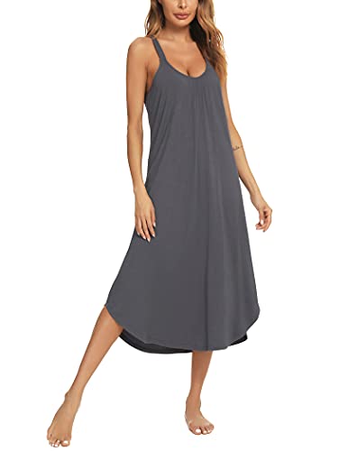 Roojaa Womens Sleeveless Long Nightgown Wide Strap Chemise Summer Loose Sleepshirt Dark Grey #TOP1