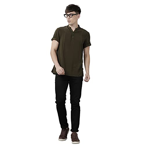 Image of Identiti Men's Cotton Solid Full Sleeve Slim Fit Shirt with Mandarin Collar
