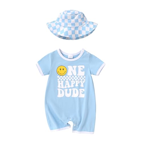 Happy Town One Happy Dude 1st Birthday Romper Bodysuit 95% Cotton Baby Boy Sun Hat Racing Theme Summer Cake Smash Outfit(Light Blue Checkered One Happy Dude 1st Birthday 6-12 Months)