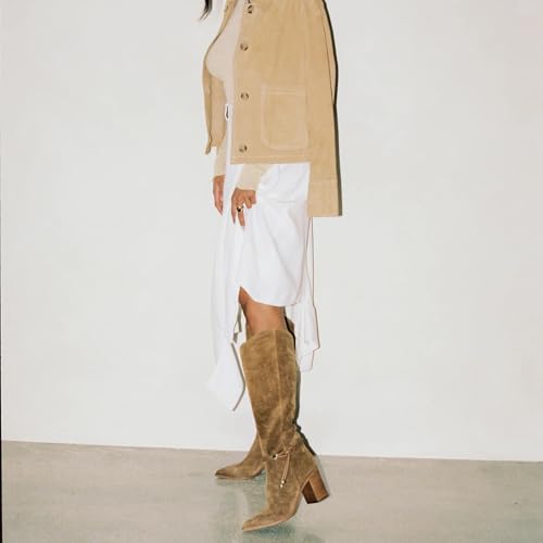 Yishaweiqi Suede Knee High Boots for Women Strap Side Zipper Fall Western Boots Pointed Toe Chunky Bloack Heel Boots2