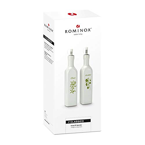 ROMINOX Geschenkartikel Essig & Öl Spender // Classico – Schlichte Essig und Öl Kännchen (je 250 ml) mit Dosierkopf für die mediterrane Küche (Keramik, Edelstahl); Maße: ca. 11 x 5.7 x 27 cm