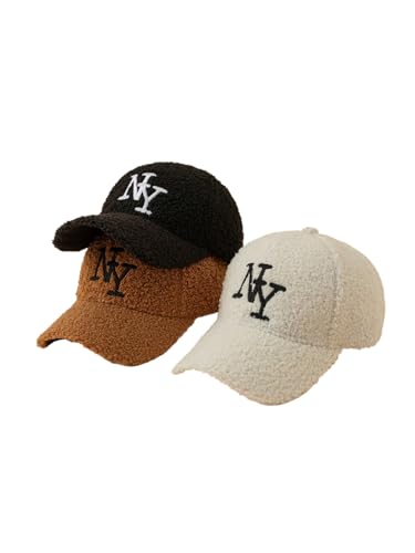 Trendy Winter Warm Faux Fur Sherpa Baseball Cap for Women Soft Plush Fleece Outdoor NY Letter Embroidery Adjustable Fit (White)