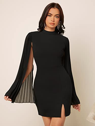 Wdirara Women's Mock Neck Pleated Cloak Long Sleeve Split Hem Cocktail Bodycon Cape Dress Black L #TOP3
