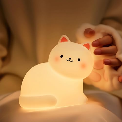 Cat Night Light for Kids,7 Colors Lamp,Tap Dimmable,Rechargeable Portable and Squishy Silicone Led Nightlight,Kawaii Gift,Timing Bedside Lamp,Nursery,Toddler,Breastfeeding,Kids Room Decor,Birthday