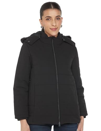 Image of Qube By Fort Collins Women's Medium-Length Bomber Jacket with Detachable Hood Stylish Winterwear for All-Day Comfort |Material: Nylon