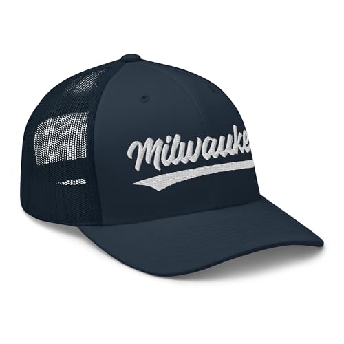 Vintage Milwaukee Baseball Script Mesh Retro Milwaukee Trucker Hat Cap Navy