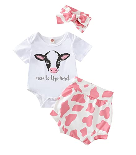 Image of VISGOGO Newborn Baby Girl Summer Outfits Short Sleeve Cow Print Romper Bodysuit Shorts Headband 3Pcs Clothes Set 0-24M