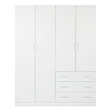 Buyqualia Armario Ropero Blanco 160x57,5x200 cm con 4 Puertas y 3 Cajones – Armario de Dormitorio Amplio y Funcional
