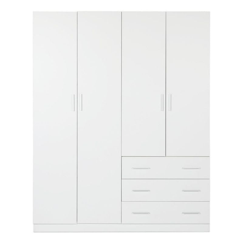 Buyqualia Armario Ropero Blanco 160x57,5x200 cm con 4 Puertas y 3 Cajones – Armario de Dormitorio Amplio y Funcional