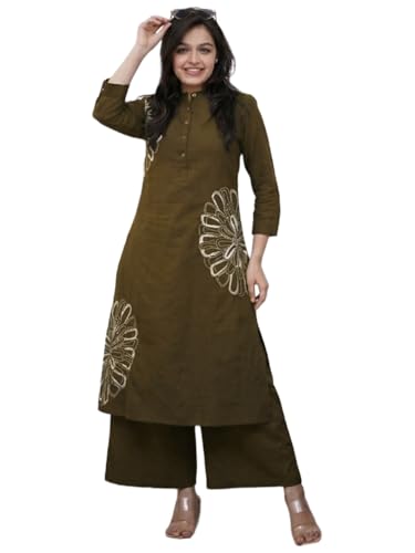 Image of GoSriKi Cotton Blend Embroidered A-Line Kurta with Palazzo for Women | Cotton Blend Orange | 3 /4 Sleeve | Mandarin Collar | Ethnic Wear Casual Wear