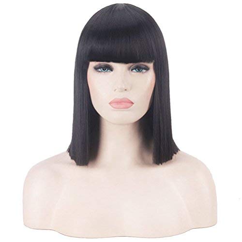 BERON 14’’Straight Bob Wig Shoulder Length Natural Flat Bang Wig with Free Wig Cap (Black)
