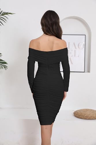 Image of Fooullaide Women's Sexy Off Shoulder Sleeveless Bodycon Ruched Midi Dress | Stretchy, Breathable, Mesh, Not See-Through, Elegant,Formal Gown, Cocktail, Evening, Party, Night Out Tube Dresses