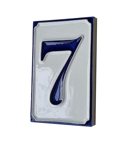 Italian hand-painted blue and white ceramic house number tiles 11 x 7 cm (Number 7 tile)