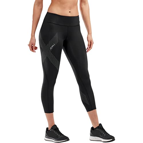 2XU Womens Motion Mid-Rise Compression 7/8 Tights for Training and Fitness, Black/Dotted Reflective Logo, X-Small x Tall