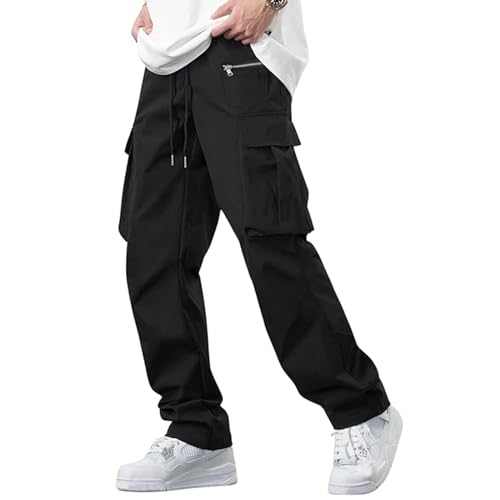 Mens Cargo Pants Relaxed Fit Streetwear Drawstring Elastic Waist Casual Straight Leg Trousers with Multi Pockets
