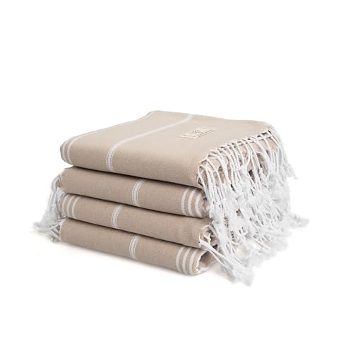 SMYRNA TURKISH COTTON Classical Series Original Turkish Beach Towel | Prewashed, 37 x 71 Inches | Peshtemal and Turkish Bath Towel for SPA, Beach, Pool, Gym and Bathroom, Beige - Pack of 4, Large