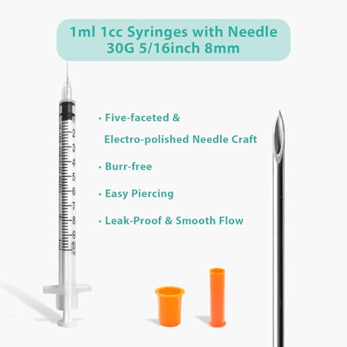 30PACK U-100 1ml Syringes with Needle, 30G 5/16\'\' (8mm) 1cc Syringe, Disposable Individual Wrapped Lab Supplies
