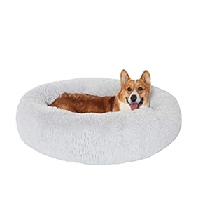 JOLLYVOGUE Fluffy Faux Fur Plush Dog Bed & Cat Bed, Calming Donut Dog Cuddler Bed, Washable Soft Dog Round Bed, Anti-Anxiety Dog Cat Cushion Bed for Small Dogs and Cats (20″)