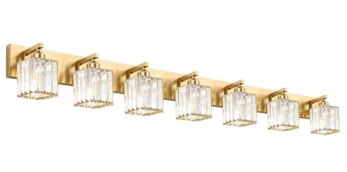 Image of Gold Crystal Bathroom Vanity Light, 7-Light Modern Bathroom Lighting Fixtures Over Mirror, Matte Gold Wall Sconce with Square Shade