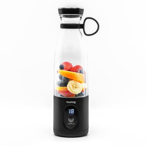 Huslog Batidora Portátil sin Cable 315W, 6 Cuchillas de Acero Inoxidable, 580 ml, USB-C/USB-A Recargable, Cierre de Seguridad, Asa de Transporte, para Smoothies y Batidos de Proteínas, Negro